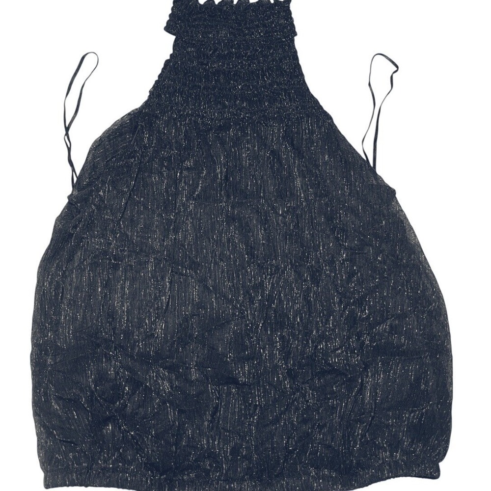 Express Smocked Halter Crop Top Women's Small S/P Petite Black Metallic Y2K Glam